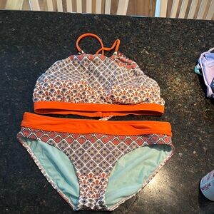 Prana Orange and Blue Bikini with Geometric Pattern-Sz M